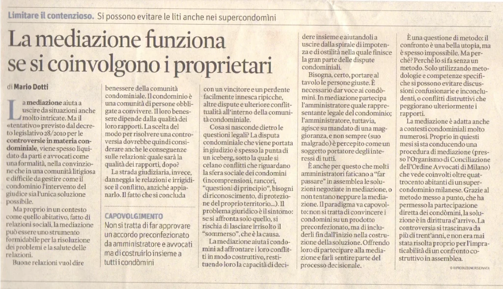 “La mediazione funziona se si coinvolgono in proprietari” – IlSole24Ore, 1 dicembre 2015