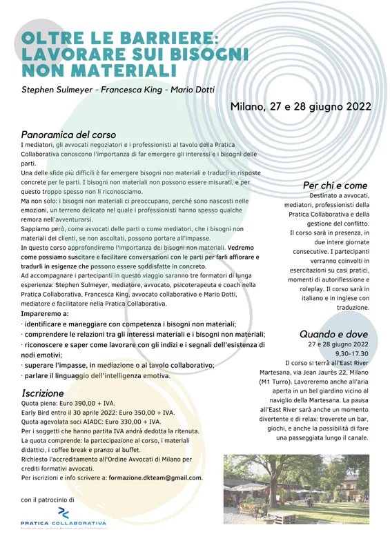 Oltre le barriere: lavorare sui bisogni non materiali – 27 e 28 giugno 2022